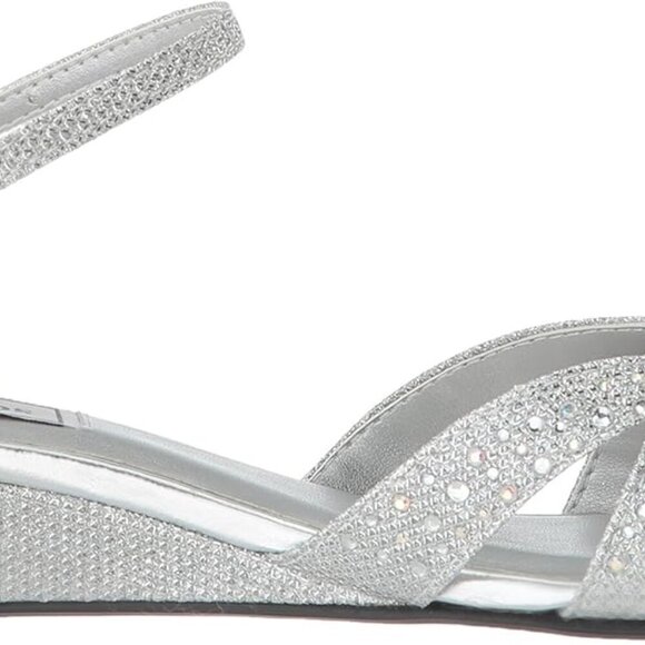 Women's Wedge Sandal Silver Faux Leather 1-Inch Heel Jeweled Buckle Support - Picture 6 of 8